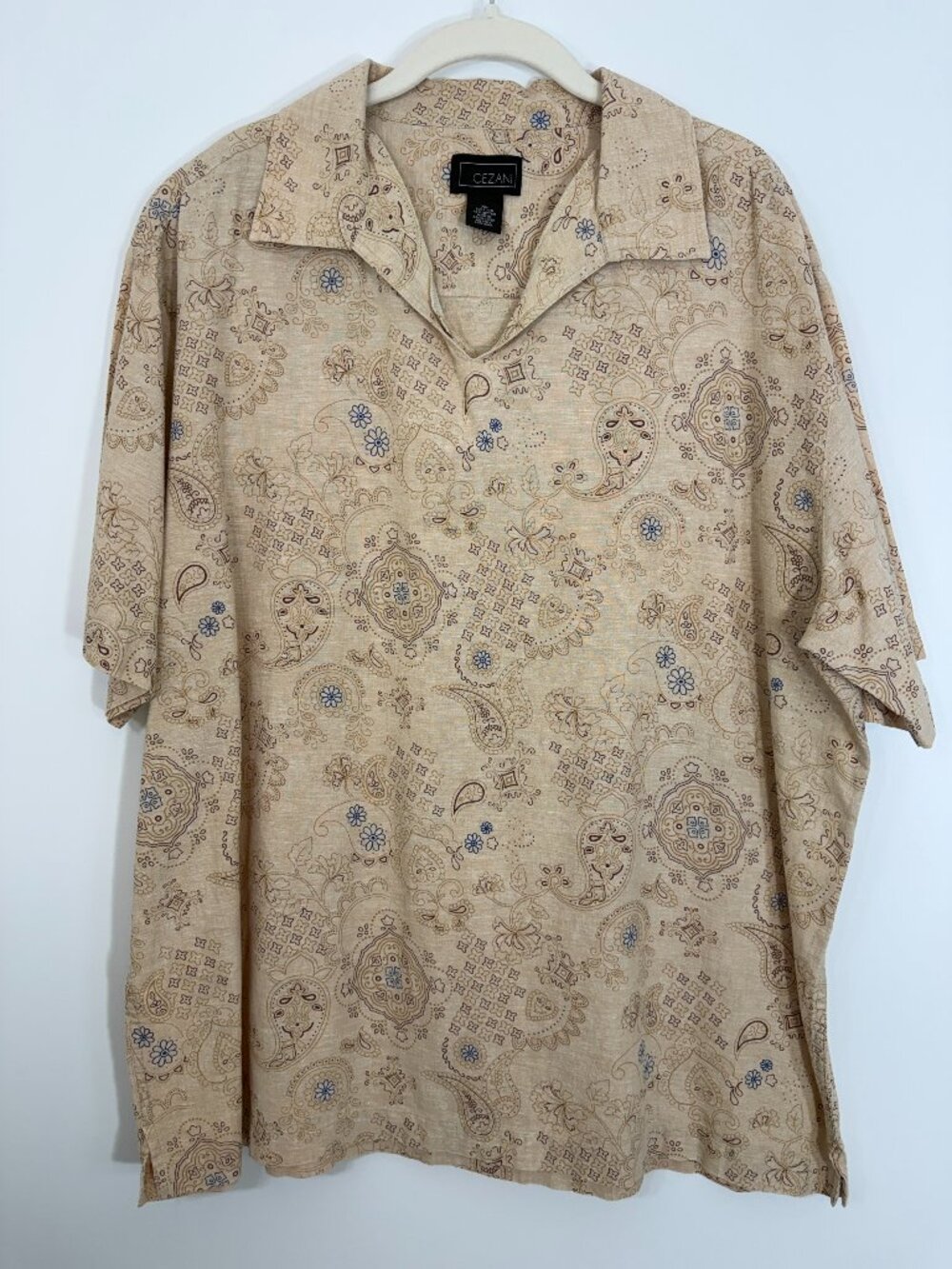 Vintage Cezani Shirt Mens XL Pullover Bandana Paisley Linen Blend Tan Blue Y2K